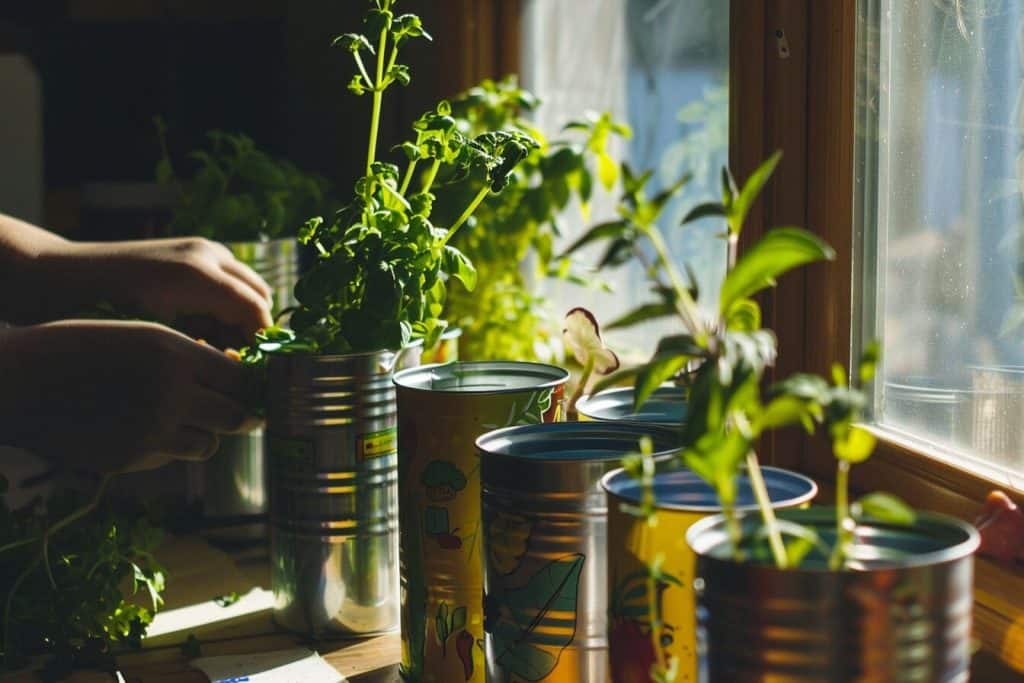 Upcycled tin can herb garden on a sunny kitchen windowsill with hands planting herbs.
