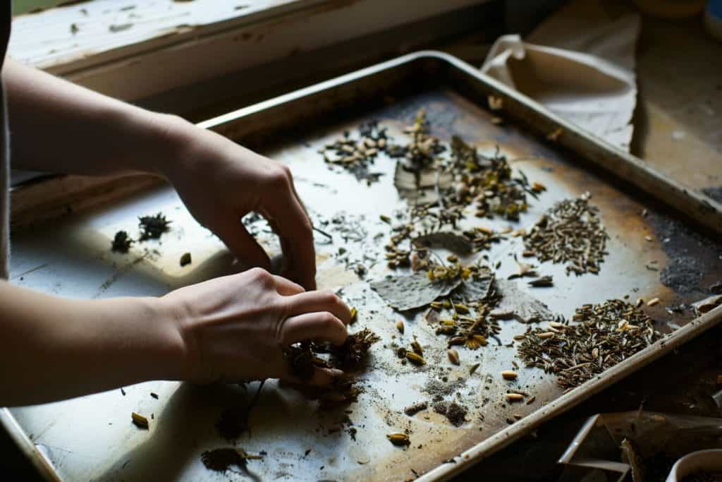 Hands making recycled paper seed bombs with wildflower seeds and shredded paper on a wooden table.