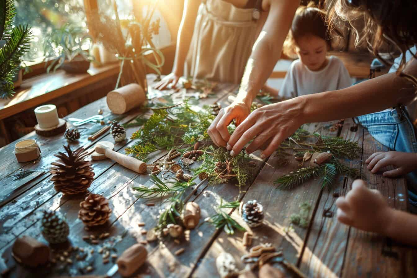 A family engaging in eco-friendly crafting with recycled materials at a sunlit wooden table.