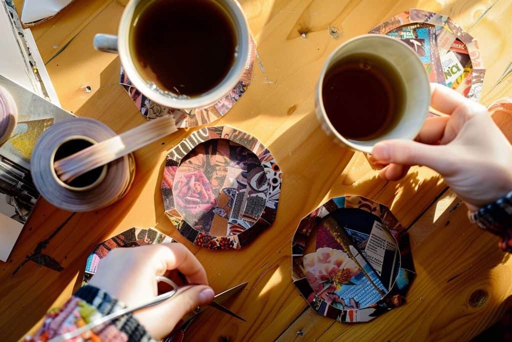 Handmade recycled magazine coasters on a coffee table with crafting supplies.