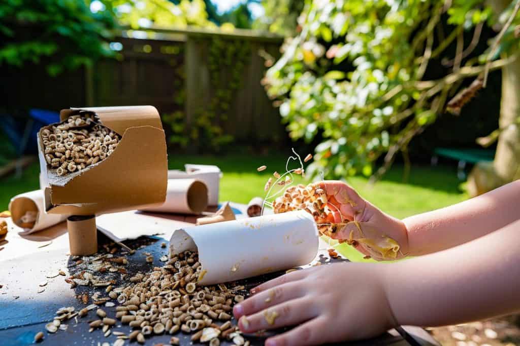 making DIY bird feeders from recycled materials in a sunny backyard.